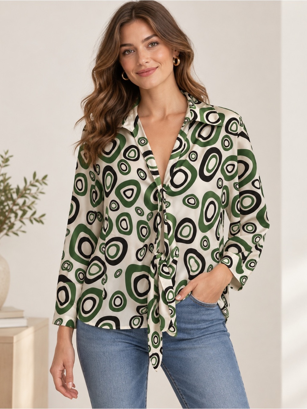 Vintage 1980 Abstract Tie-Front Button-Down Blouse in Green and Cream